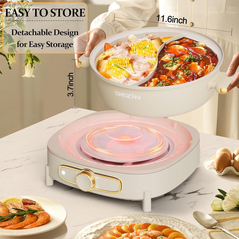 DEZIN Hot Pot Electric with Divider, 6L Double-Flavor Shabu Shabu Pot, Dual Sided Removable Non-Stick Hotpot Pot Electric, 3" Depth Chinese Hot Pot with Multi-Power Control, 2 Silicone Ladles Included - Image 4